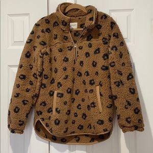 Sherpa Half-Zip Faux Leather-Trim Sweatshirt